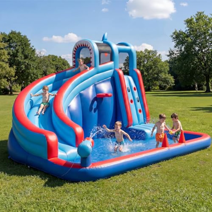 Water Slide Inflatable - สไลเดอร์น้ำเป่าลมสำหรับเด็ก พร้อมเครื่องเป่าลม 450W วัสดุ PVC สีฟ้าและสีเหลือง