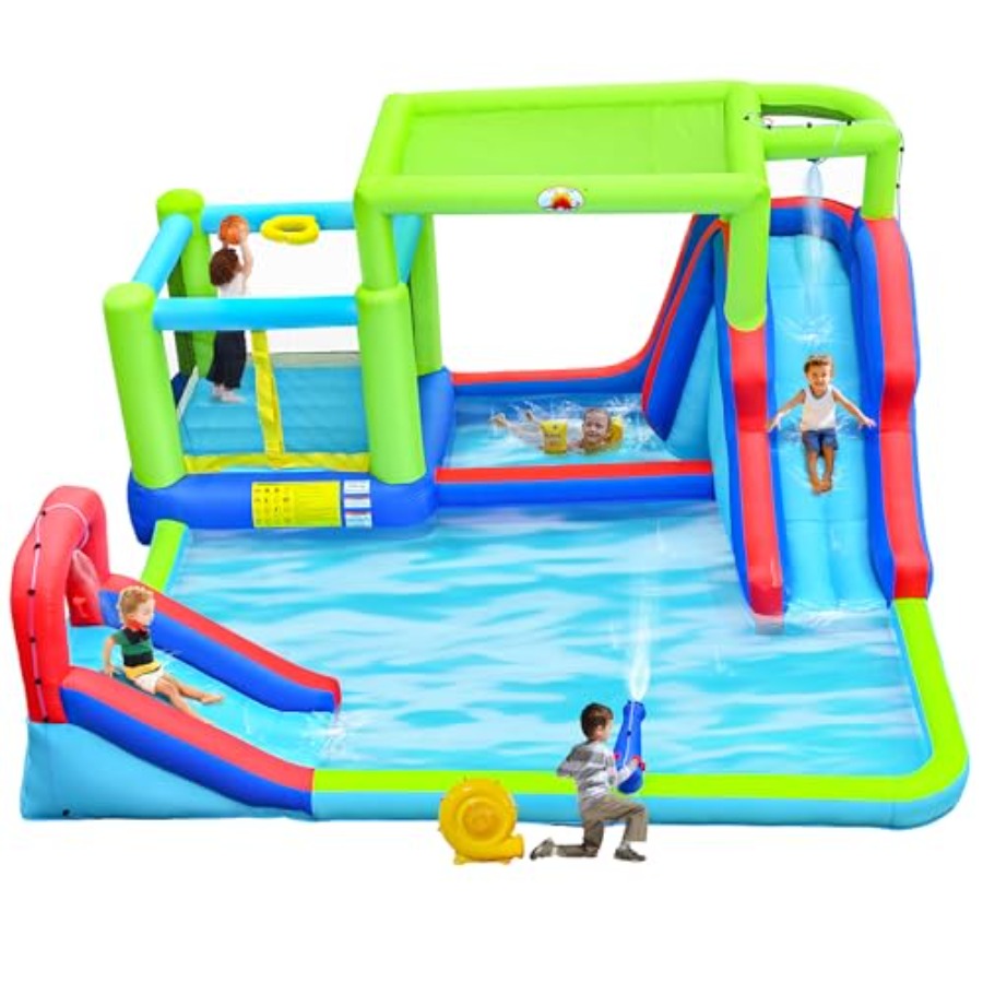Water Slide Inflatable - สไลเดอร์น้ำเป่าลมสำหรับใช้งานกลางแจ้ง วัสดุ PVC สีฟ้าและสีเหลือง มาพร้อมเครื่องเป่าลม โซนกระโดดคู่