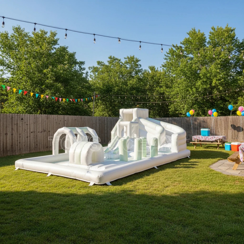 Water Slide Inflatable - เครื่องเล่นเป่าลมเชิงพาณิชย์พร้อมสไลเดอร์และสระน้ำ สีพาสเทลขาวเขียว สำหรับเช่าจัดงานปาร์ตี้เด็ก